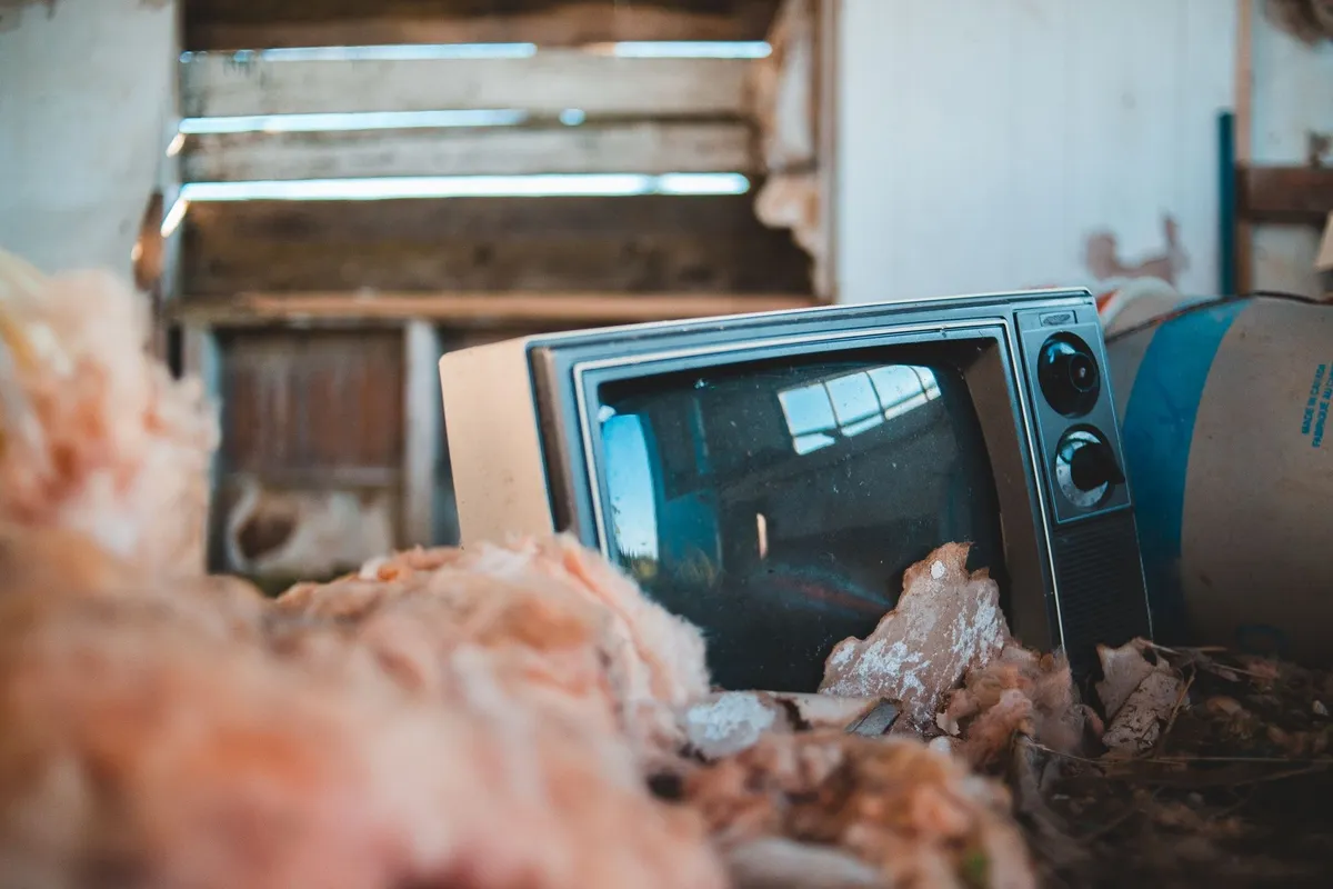 A retro television surrounded by old objects in a sunlit, abandoned rural house, highlighting e-waste disposal.