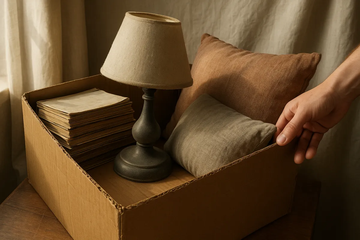A hand lifts a cardboard box filled with clutter, old magazines, and a dusty lamp, illuminated by sunlight.