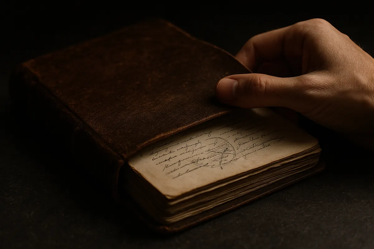 A close-up of a worn journal being opened, symbolizing personal reflection for preparing for a hoarder cleanout.