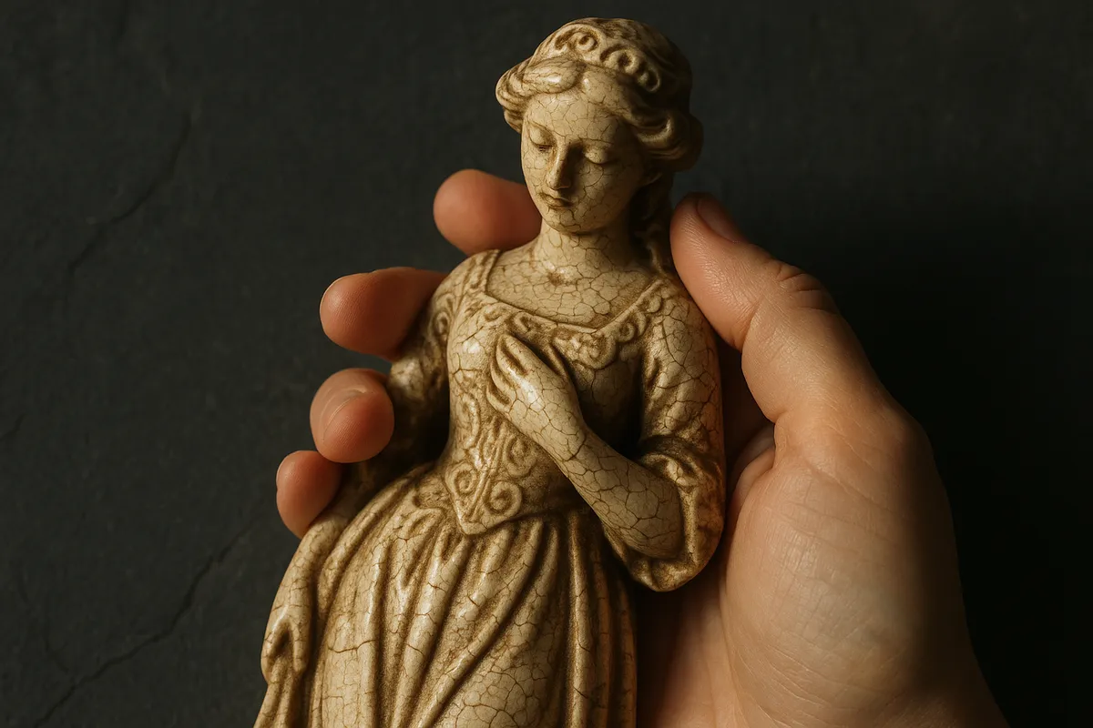 An ornate ceramic figurine held gently, showcasing its age and beauty, symbolizing the struggle to let go.