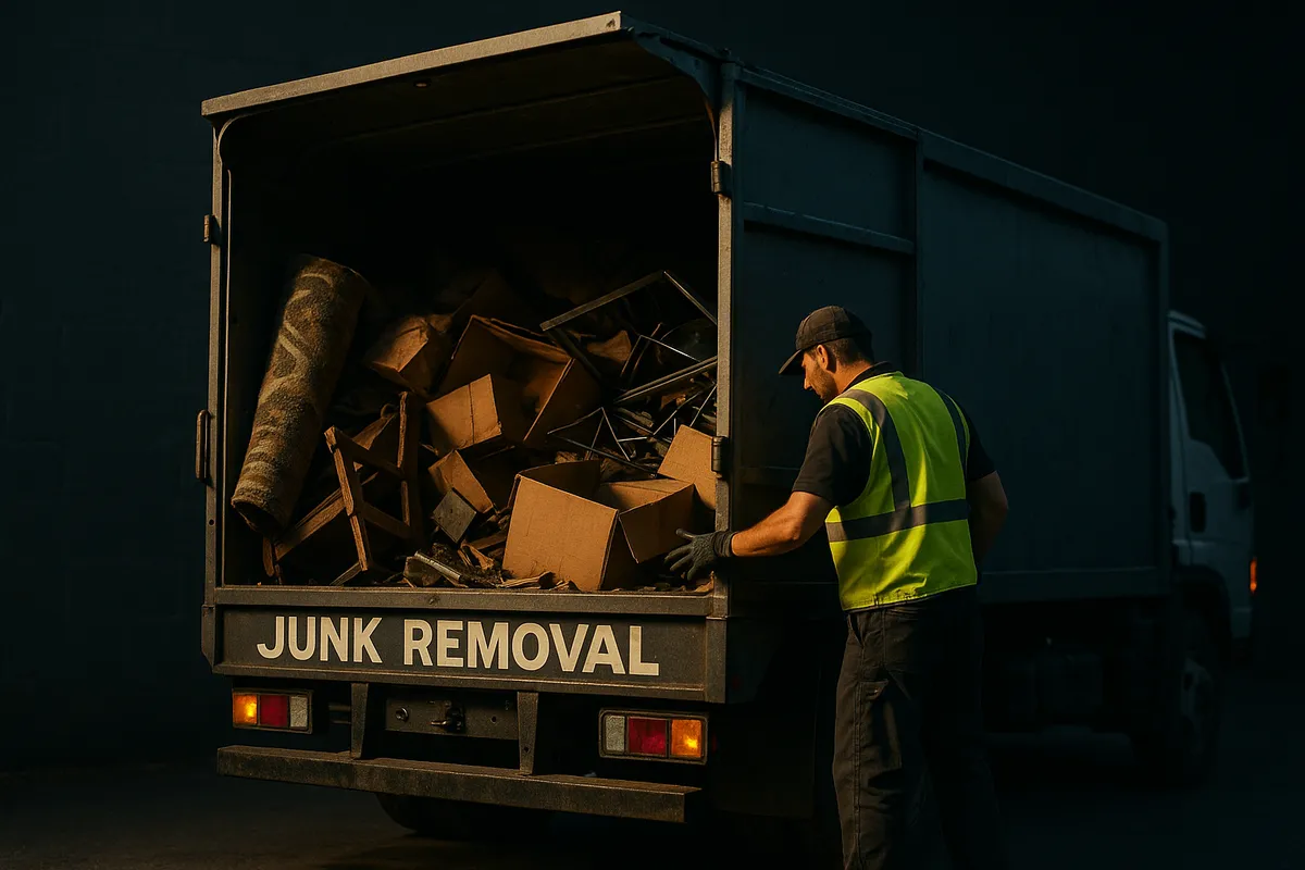 A junk removal truck with its rear door open shows assorted debris and a worker sorting through items.